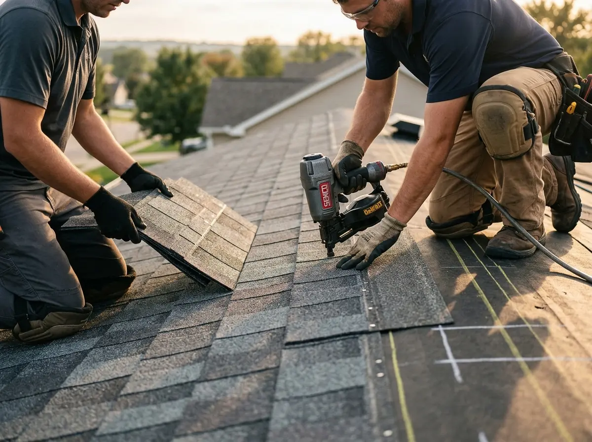 Professional roofer working on a residential roof in Walker